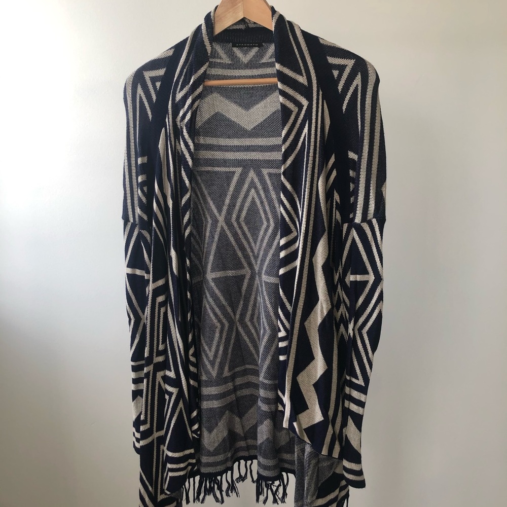 Staccato Navy Blue + Tan Open Front Cardigan